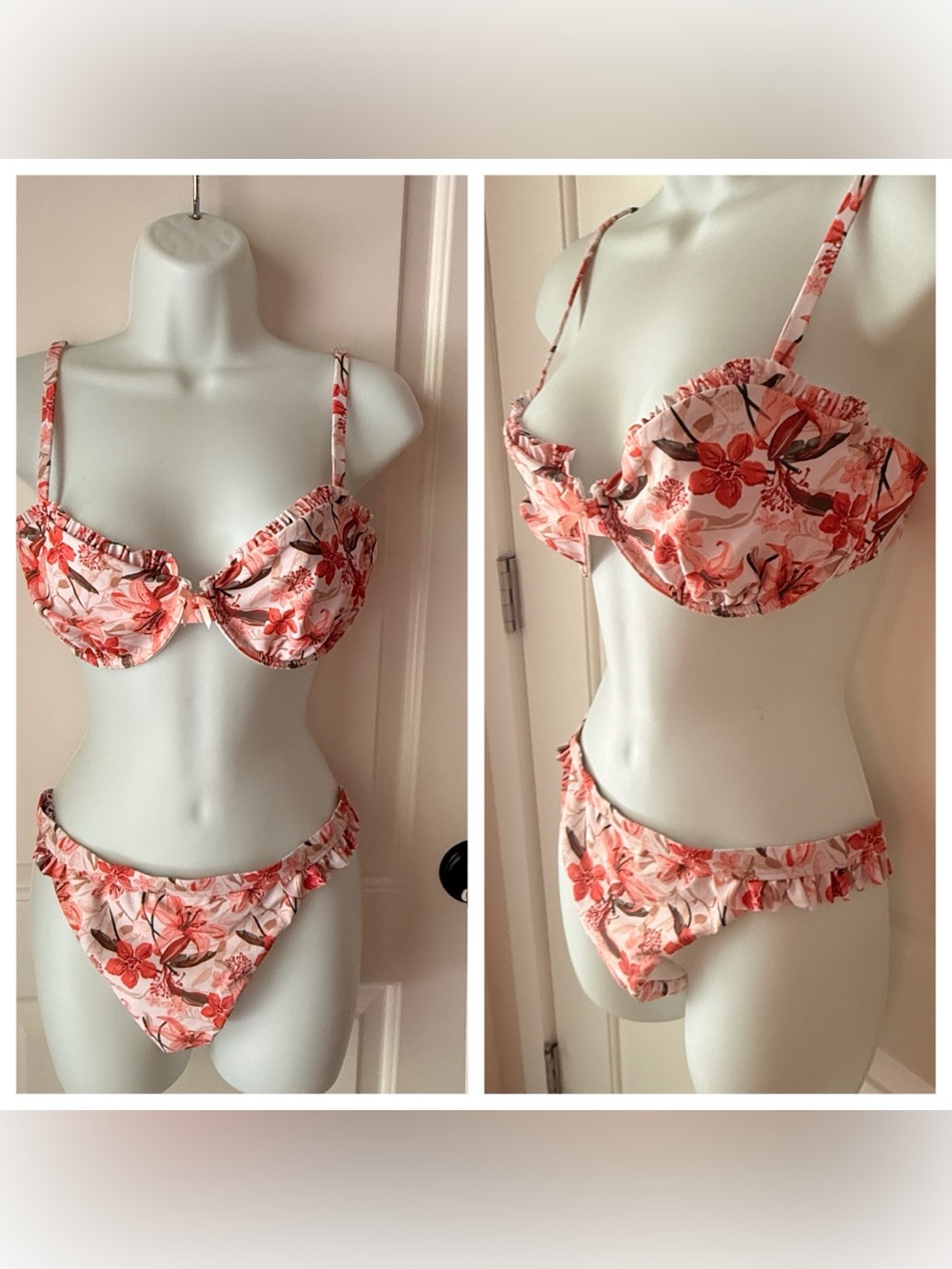 Phax Floral Ruffle Underwire Bikini in Coral Pink and White. L, Nwt